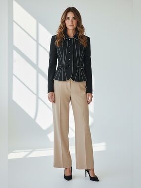$545 Rena Lange Wool blazer black/ivory trim with bow details M